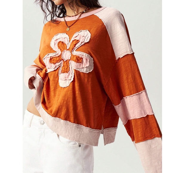 Boho Color block Floral Patch Reverse Stitch Oversized Long sleeve Top - Picture 2 of 6